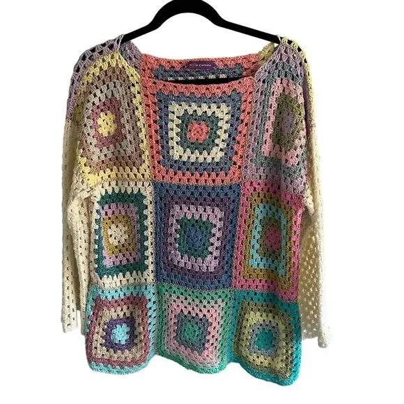 Rose Carmine Patchwork Crochet Metallic Pullover Sweater Multi - Picture 3 of 4